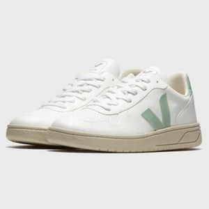 VEJA Women’s V-10 Vegan Leather White and Teal Blue Sneakers